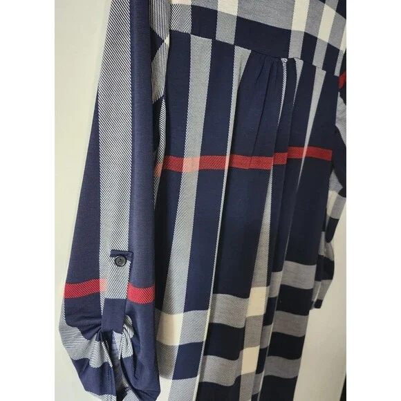 Yahata Women’s Plaid Tunic Dress Blue Red White Button Cuff V-Neck Size L - Picture 5 of 10